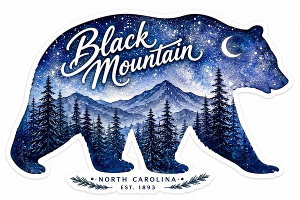 Watercolor Black Mountain North Carolina bear sticker with starry night sky, pine forest, moon, and mountain landscape
