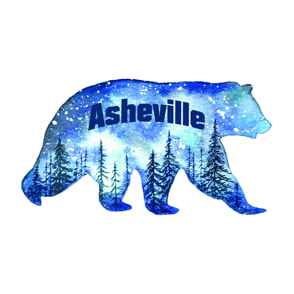 Watercolor bear silhouette filled with a blue galaxy sky and pines, lettered Asheville