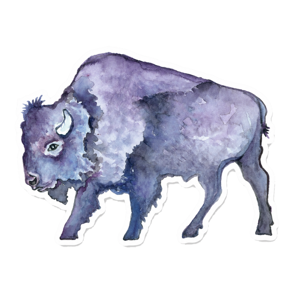 Purple and indigo watercolor bison die-cut vinyl sticker with a white border
