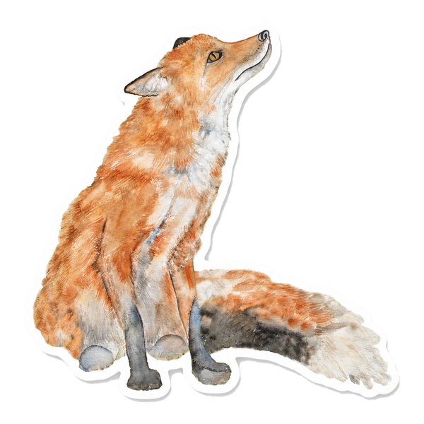 Watercolor red fox sitting and looking upward, die-cut vinyl sticker with a white border