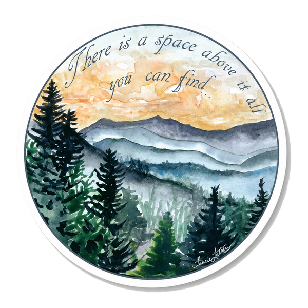 Round watercolor sticker of layered Blue Ridge mountains at sunrise with evergreens