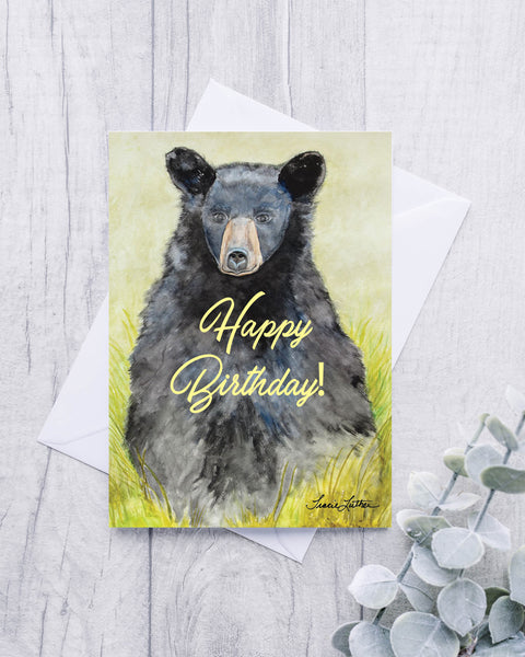 Black bear Happy Birthday watercolor greeting card