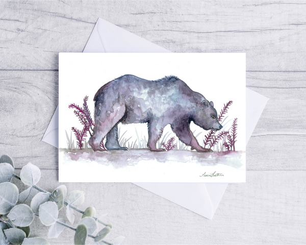 Purple watercolor black bear greeting card