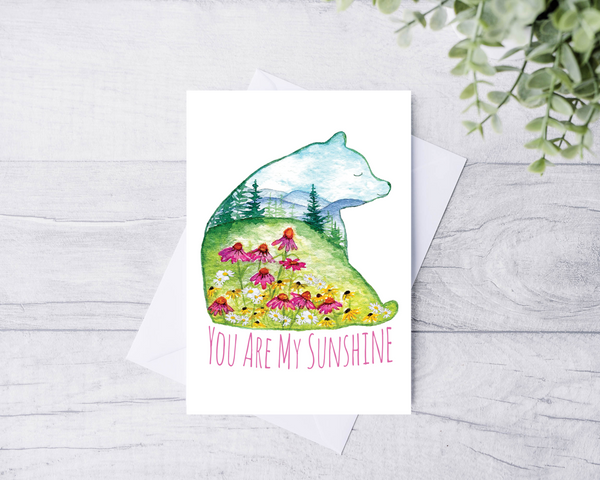 Bear and wildflower mountain landscape watercolor greeting card