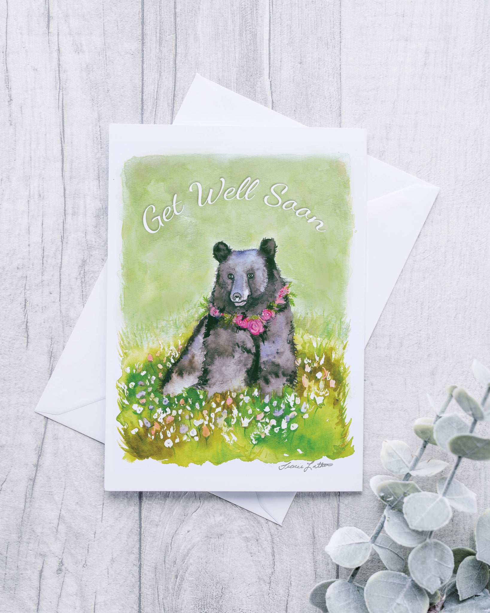 Black Bear with a Flower Necklace  "Get Well Soon!" Greeting Card
