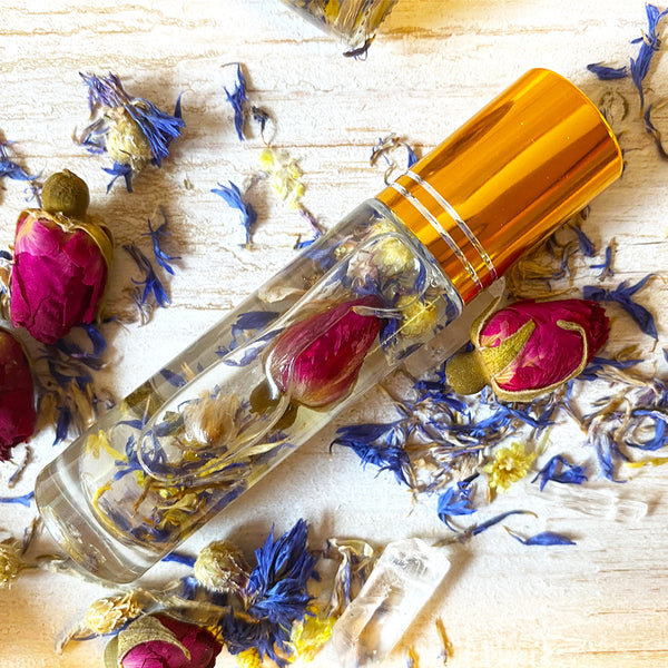 Brave Heart - Essential Oil Aromatherapy Roll On Infused with Crystals and Dried Flowers