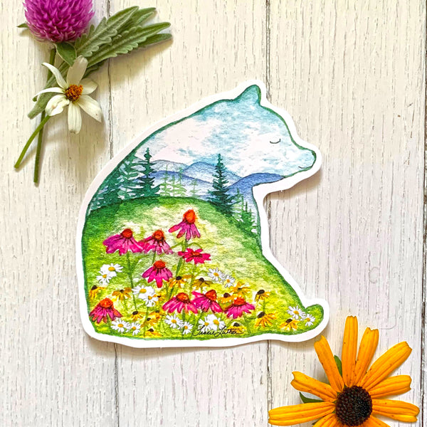 Bear And Flowers Mountain Landscape Sticker, Cone Flower Sticker, Black Eyed Susan Sticker