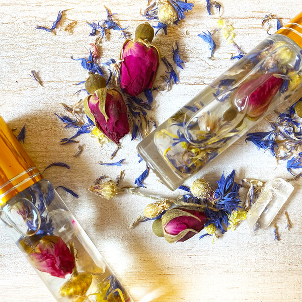 Brave Heart - Essential Oil Aromatherapy Roll On Infused with Crystals and Dried Flowers
