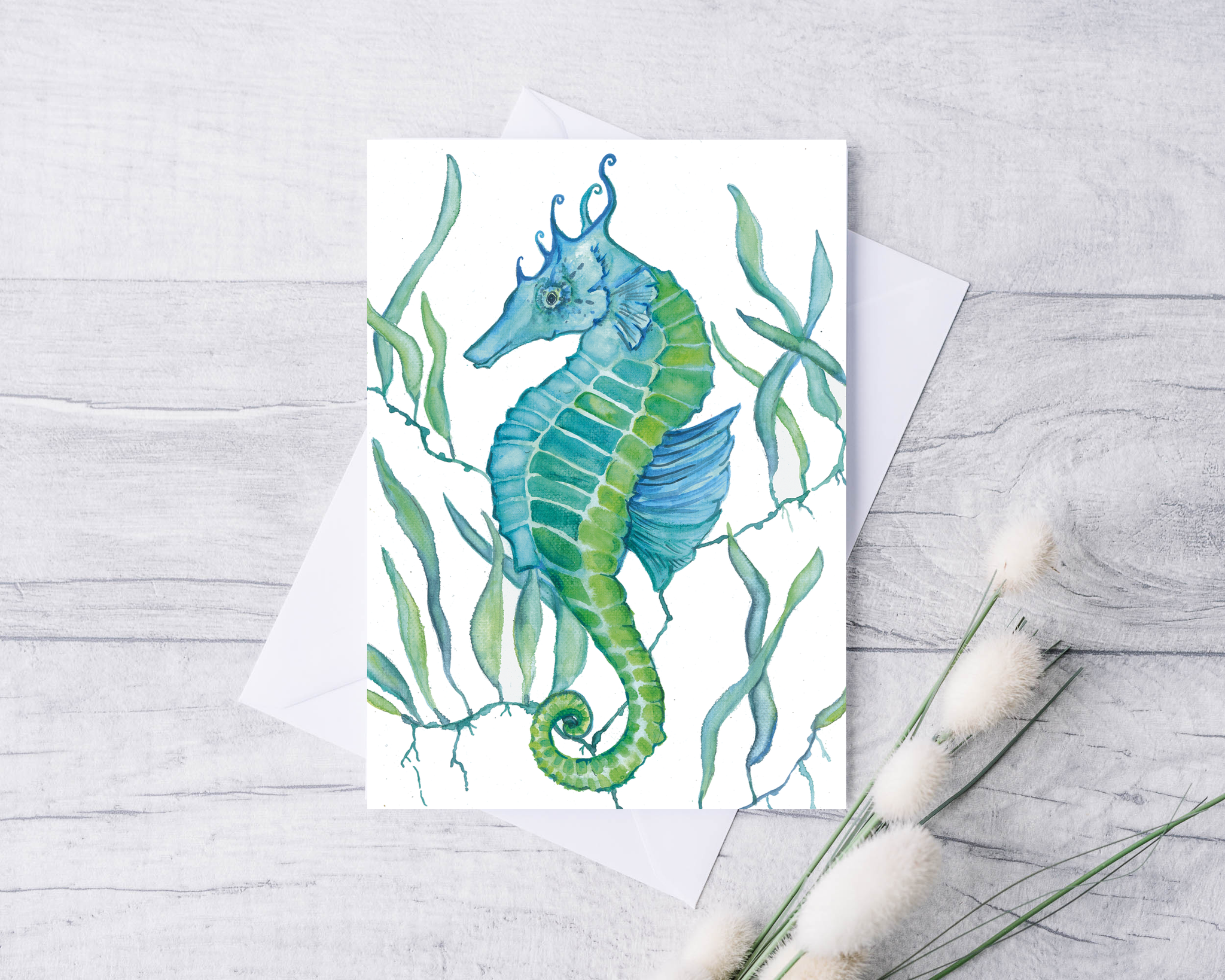 Green Seahorse Greeting Card