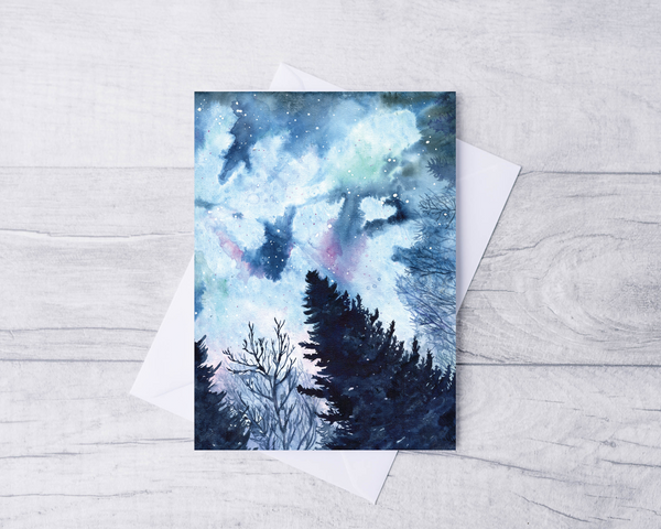 Galaxy night sky seen through forest trees, watercolor greeting card