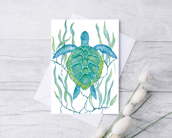 Green sea turtle in seagrass watercolor greeting card