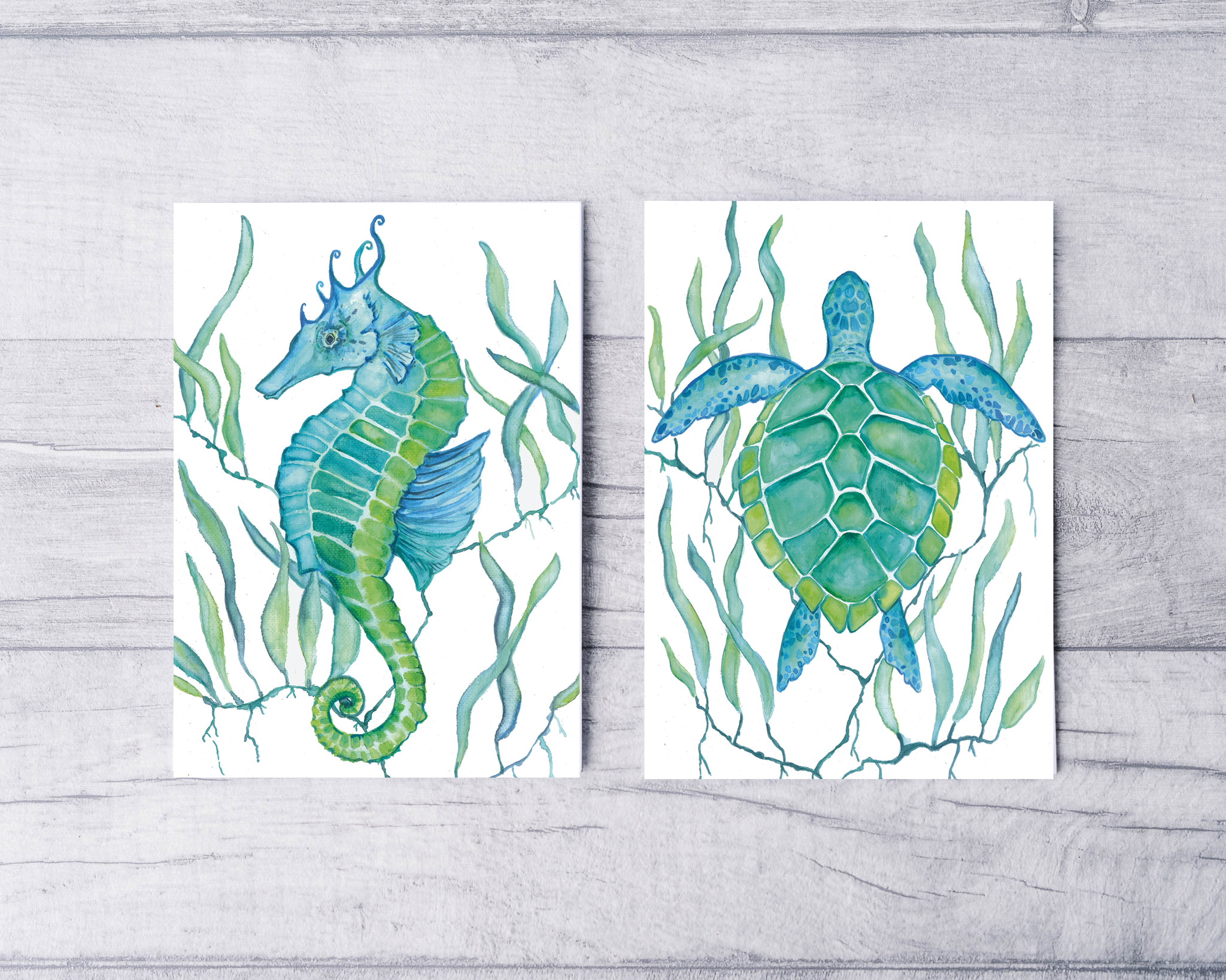Green Turtle and Seahorse Greeting Card Set