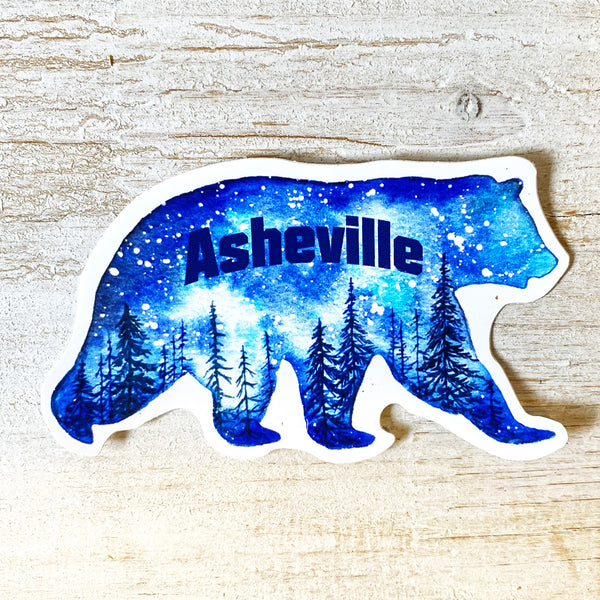 Galaxy bear Asheville watercolor sticker with night sky and pines
