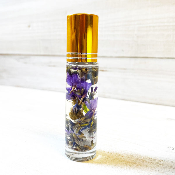 Stress Less - Essential Oil Aromatherapy Roll On - Anxiety and Stress Reducer- Infused With Rose Quartz Crystal And Dried Flowers