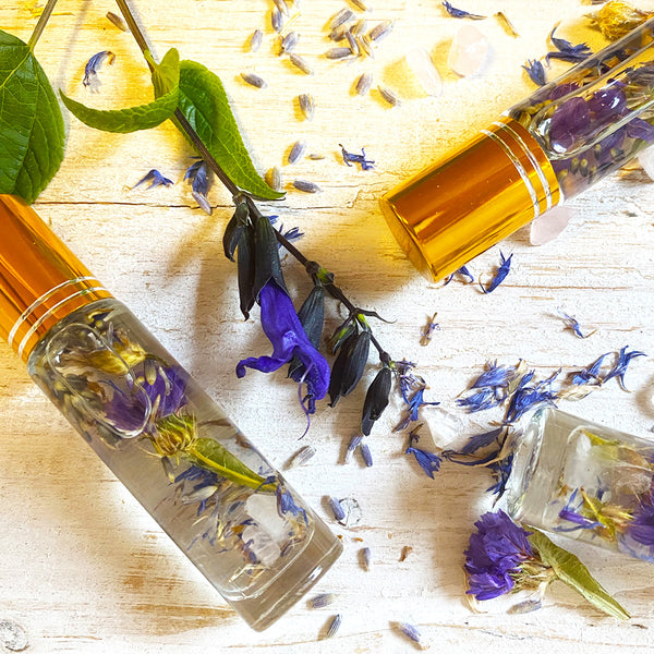 Stress Less - Essential Oil Aromatherapy Roll On - Anxiety and Stress Reducer- Infused With Rose Quartz Crystal And Dried Flowers