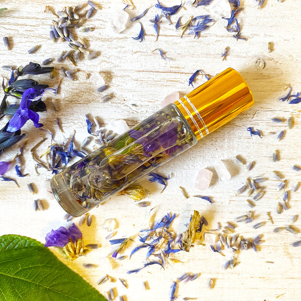 Stress Less - Essential Oil Aromatherapy Roll On - Anxiety and Stress Reducer- Infused With Rose Quartz Crystal And Dried Flowers