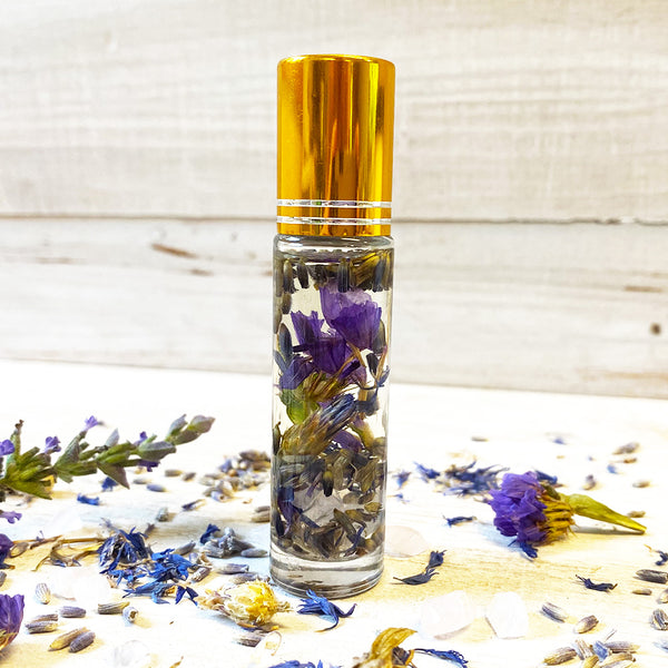 Stress Less - Essential Oil Aromatherapy Roll On - Anxiety and Stress Reducer- Infused With Rose Quartz Crystal And Dried Flowers