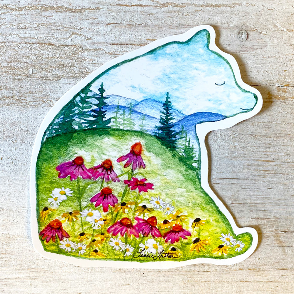 Bear And Flowers Mountain Landscape Sticker, Cone Flower Sticker, Black Eyed Susan Sticker